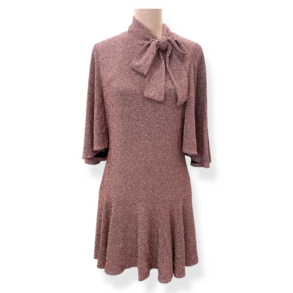 Black Halo Coralia Mini Dress Metallic Bow Neck Flounce Hem Copper Zest 12 NW - Picture 1 of 13